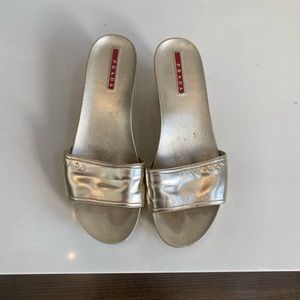 Prada Gold Leather Platform Wedges slide
